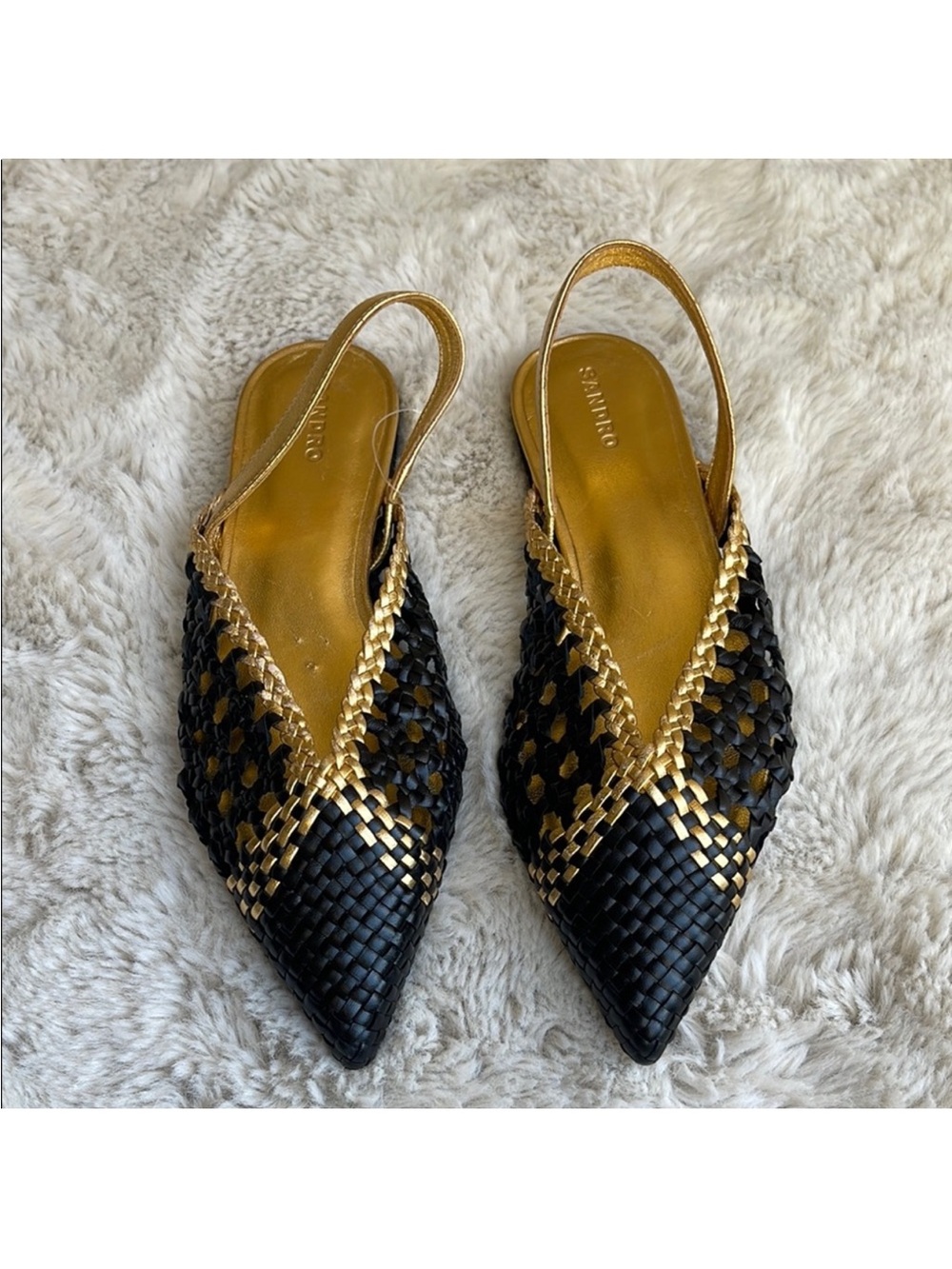 Sandro Melena Black & Gold Woven Pointed Slingback Flats Size 6